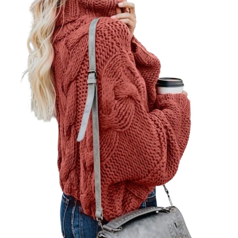 NWT Cable Knit Sweater With Loose Turtleneck In Muted Red ColorSize XXL - Picture 2 of 8